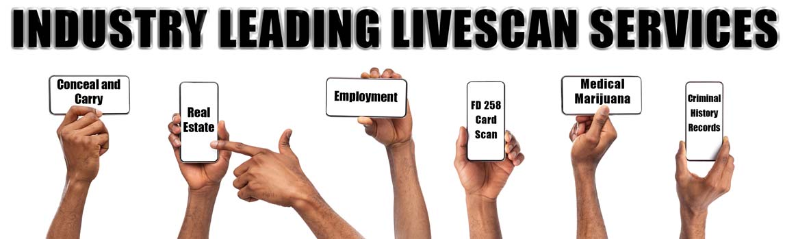 Hands showing livescan fingerprinting services on mobile phones.